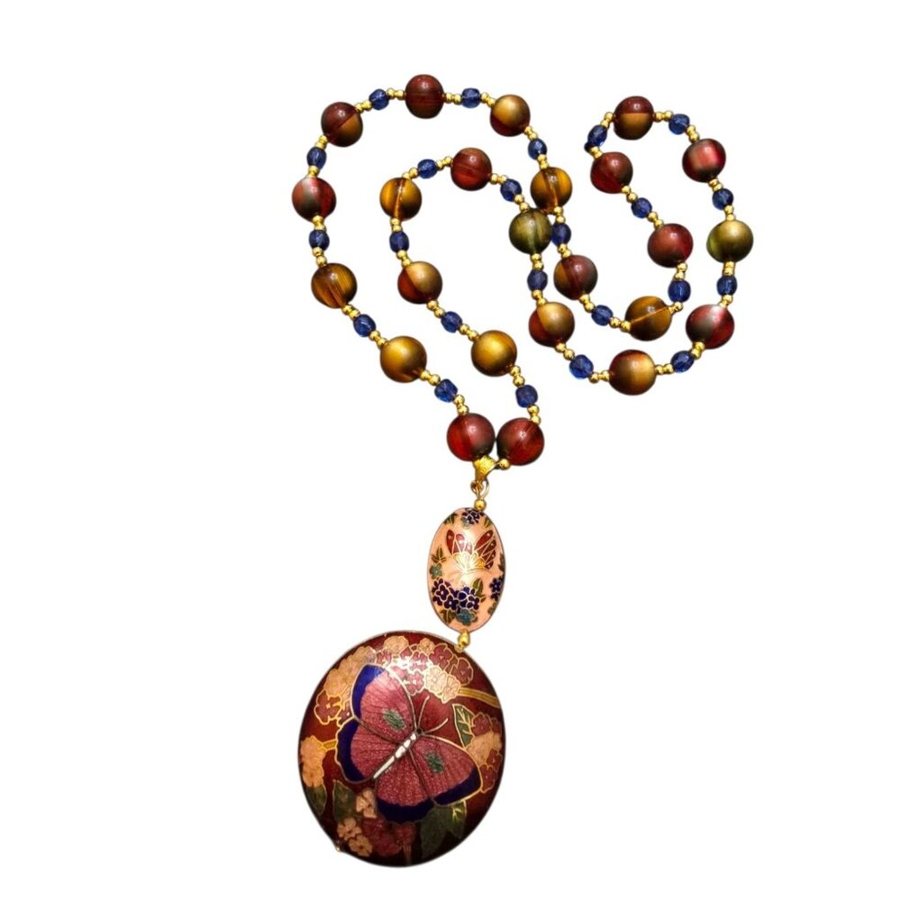 Vintage Multicolor Acrylic Beaded Necklace With Cloisonne Pendant (A8722)